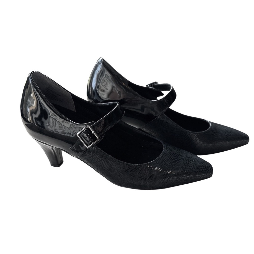 Ros Hommerson Black Patent Leather Lizard Mary Jane Low Block Pumps 7.5N‎ Narrow - Picture 2 of 15